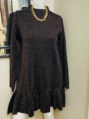Zara Black Metallic Sparkle Long-Sleeve Ruffle-Hem Dress
